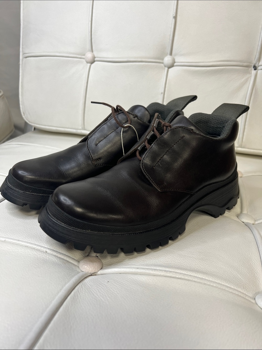 Prada Dark Brown Leather Chukka Boots with Black Lug Sole